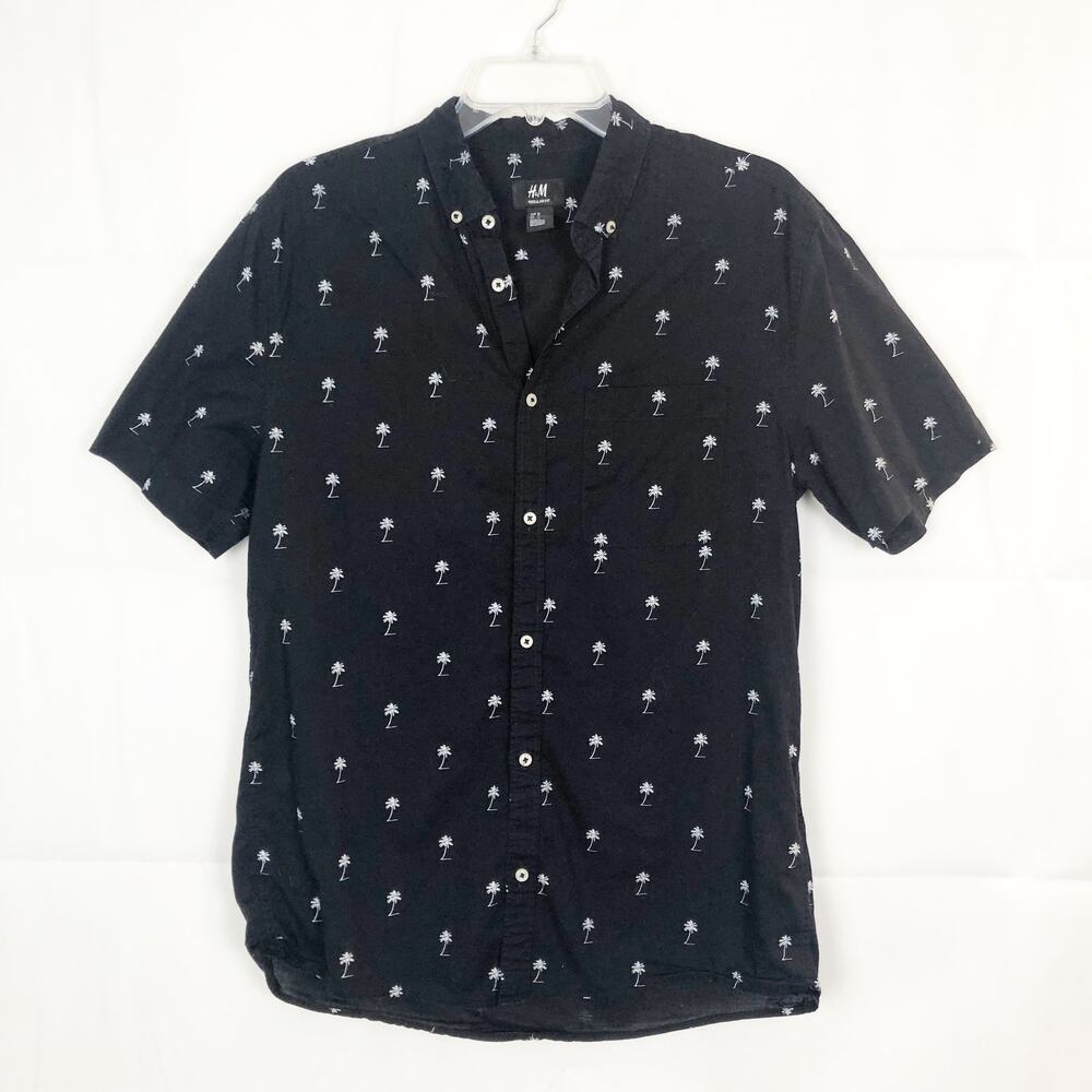 H&M Men's Palm Print Button Down Black Shirt